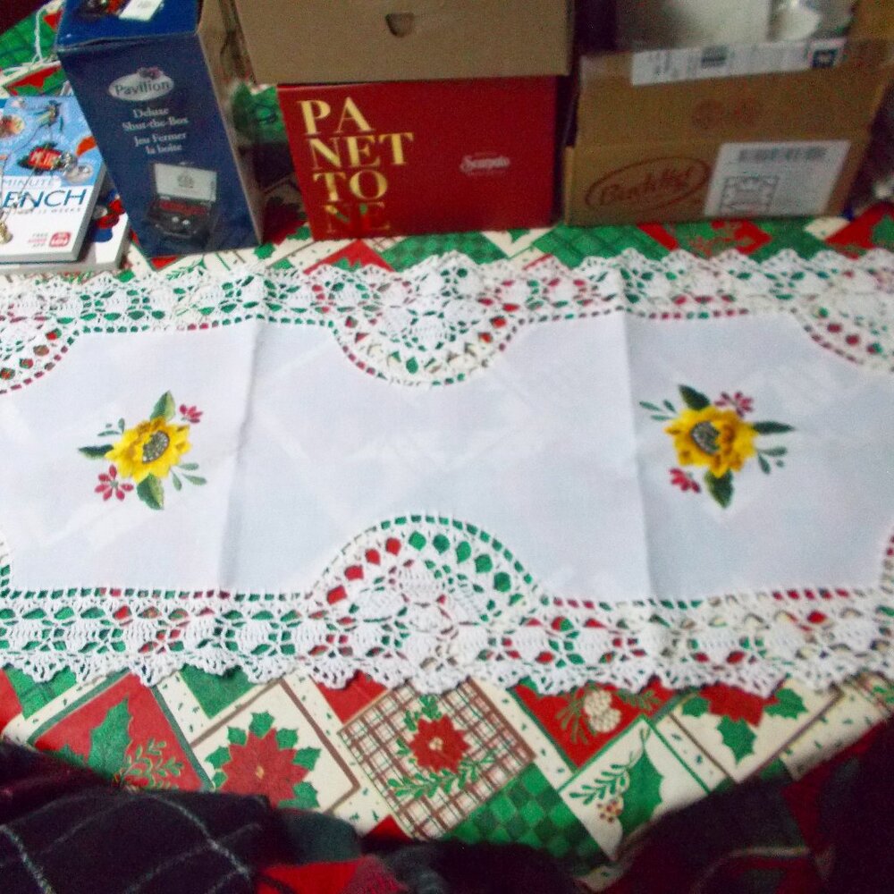 White and floral linen table runner